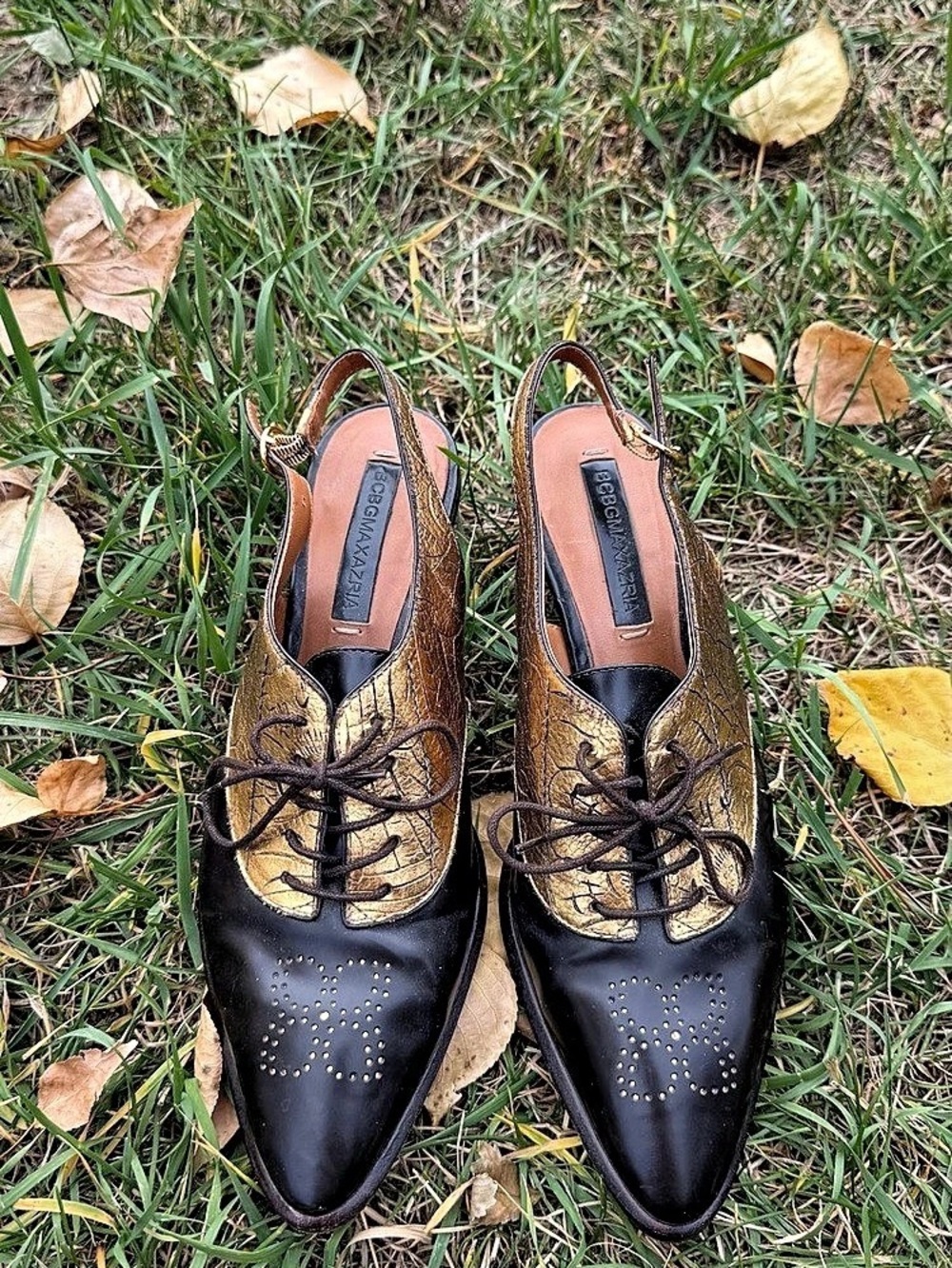 BCBGMaxAzria Black & Gold Lace-Up Heels